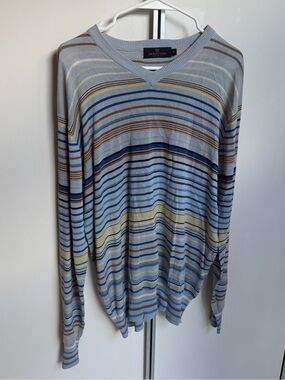 Bugatchi Light Blue Multi-Striped V-Neck Sweater